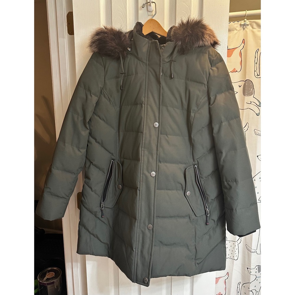 Arctic Expedition Womens Down Quilted Parka Olive Green Faux Fur Hood Large